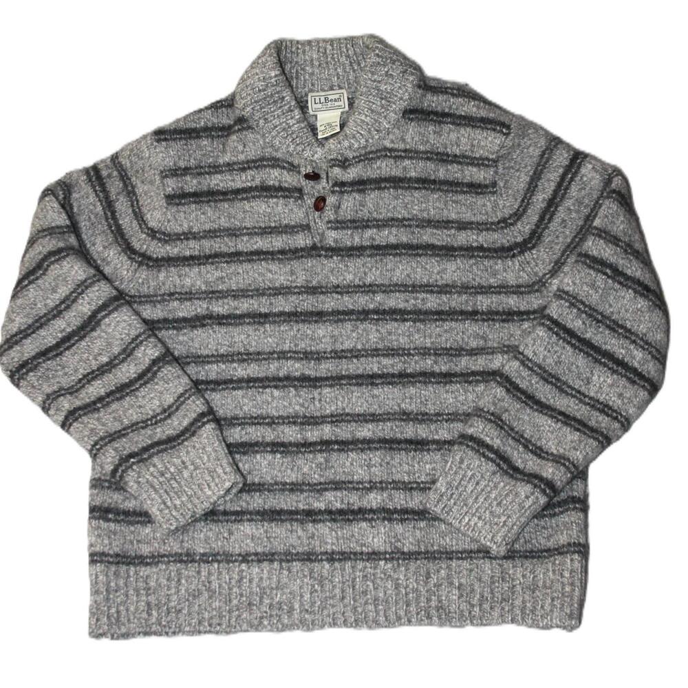 L.L. Bean Sweater Mens Medium Gray Striped Chunky-Knit Mock Neck Pullover